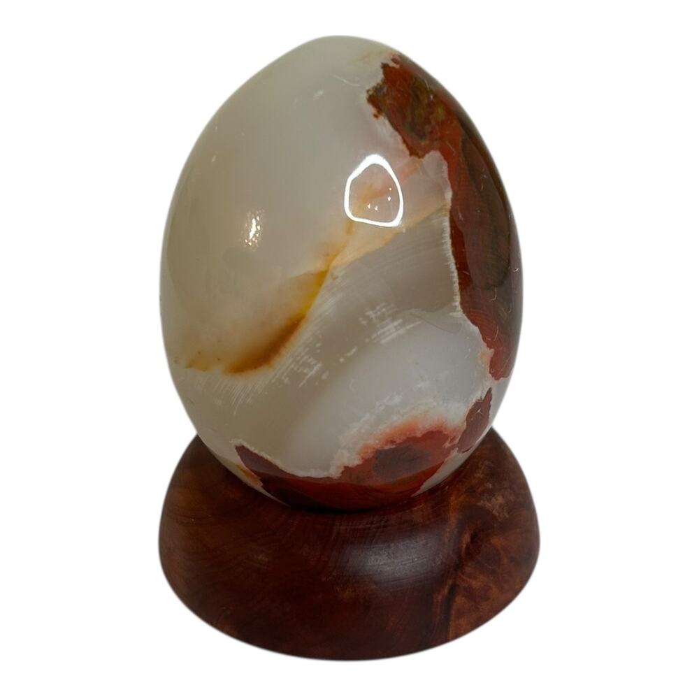 Polished Carnelian Stone Egg on Wooden Stand Office Home Decor